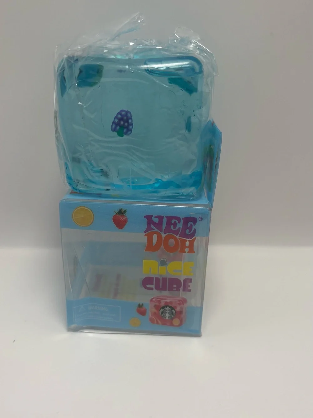 Starbucks Strawberry acai Lemonade Blue Solid Cube w/fruit inside squishy toy